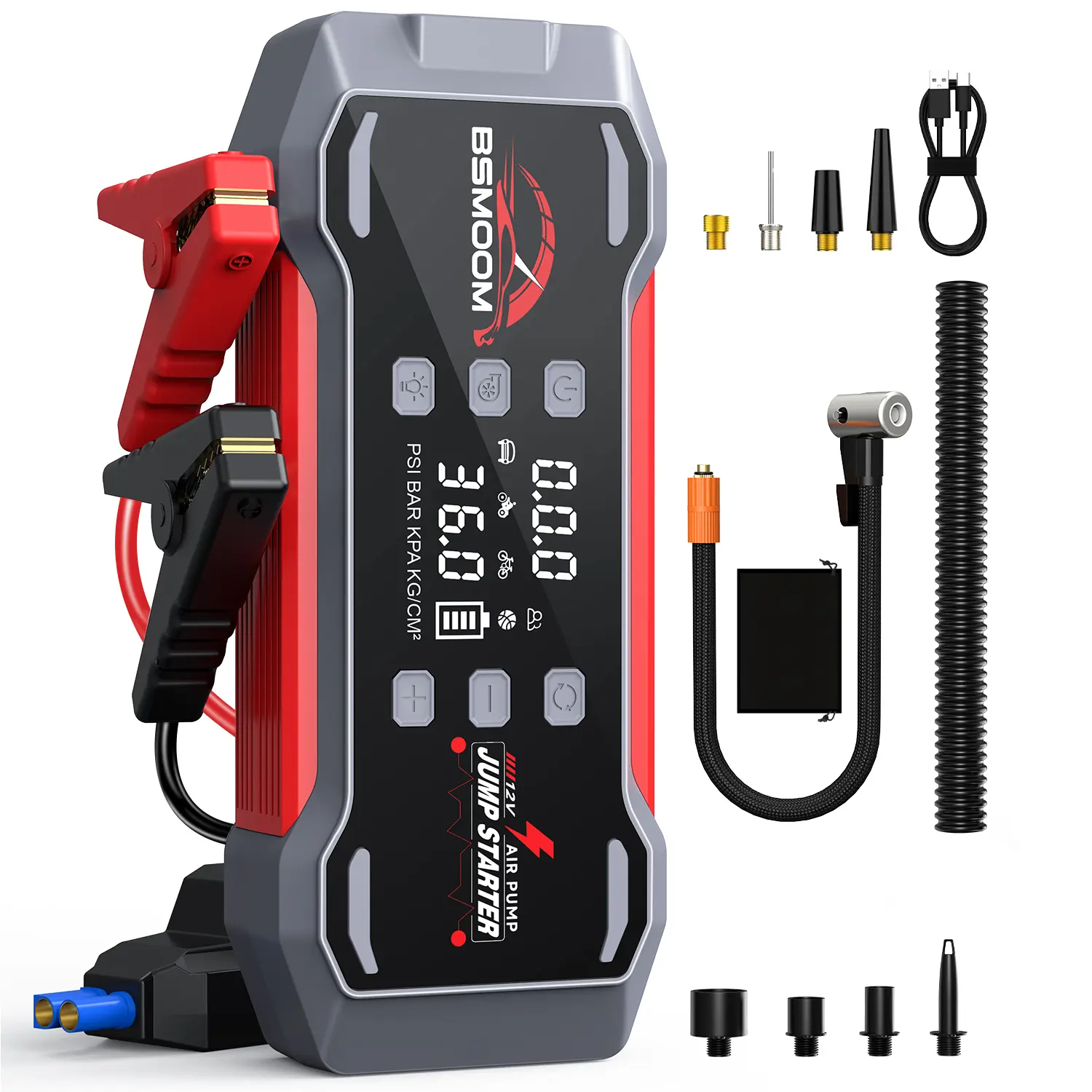 BSMOOM 7-in-1 Portable High-Capacity G2 Car Jump Starter - 9000A, 150PSI Tire Inflator, 12V Battery Air Compressor, Blower, Fast Charging Power Bank, LCD Display (For 10.0L Gas, 8.0L Diesel)