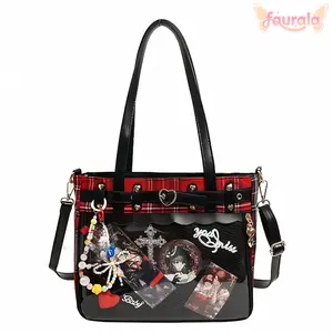 FAURALA Red Plaid Gothic Ita Bag - Punk PU Tote with Clear Window for Anime Pins & Kawaii Charms | Heart Buckle, Cross Hardware, Detachable Shoulder Strap | Trendy Y2K, Alt Fashion, E-Girl Aesthetic for Anime Conventions (Pins & Plush NOT Included)