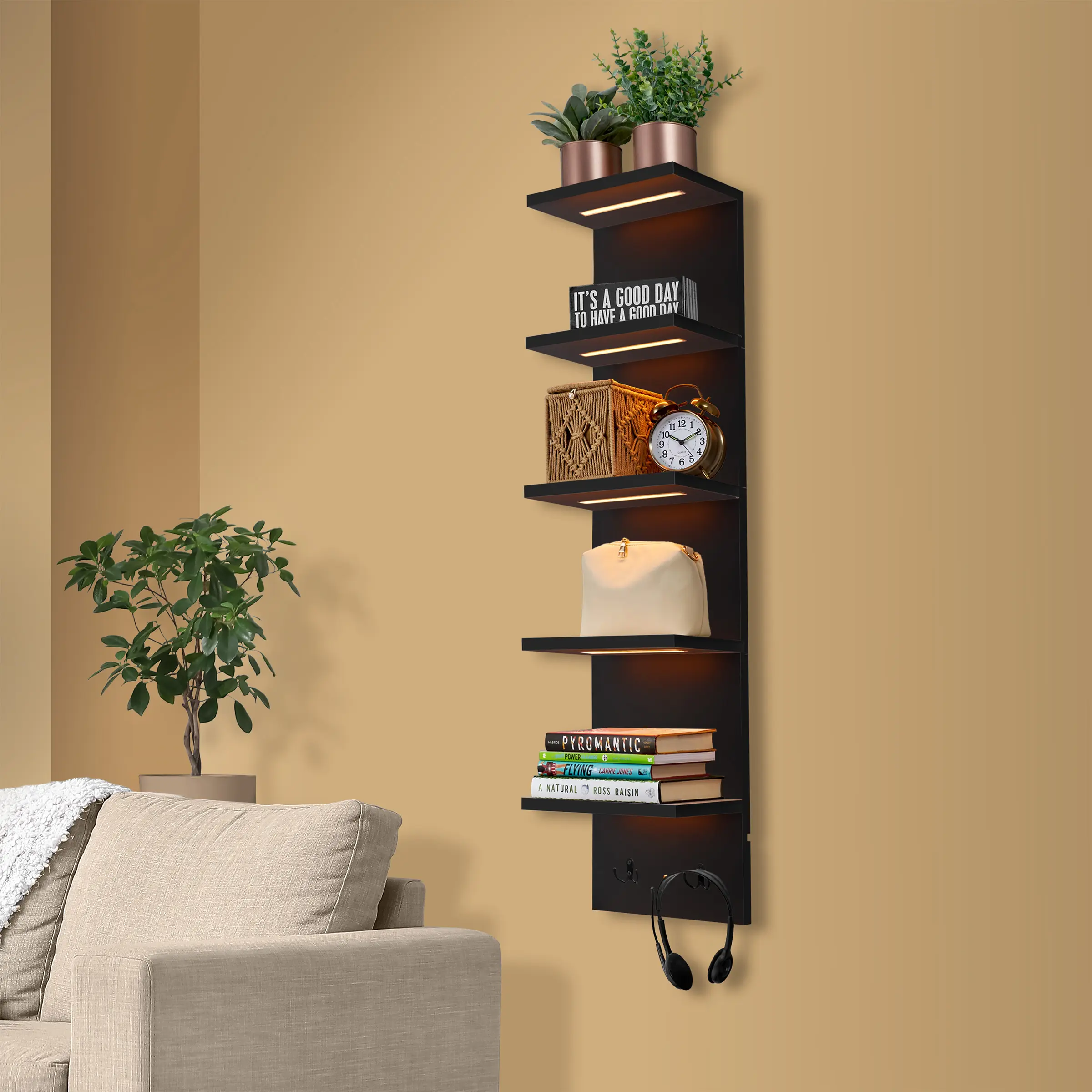Sorbus LED Light Floating Shelf Set - 5-Tier Vertical Wall-Mounted Unit with 2 Home Organizer Hooks, Warm/Cool/Orange Glow, Shelves for Bedroom, Aesthetic Room Decor, Wall Decor Item