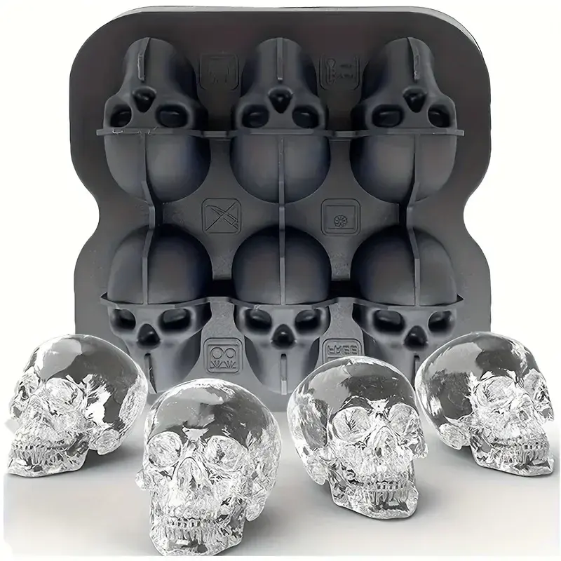6-10 Cell 3D Skull Silicone Ice Cube Mold, BPA-Free Easy Release Ice Ball Tray for Whiskey, Cocktails, Juice & Beverage Enhancement, Horror-Themed Halloween Party Drink Accessory