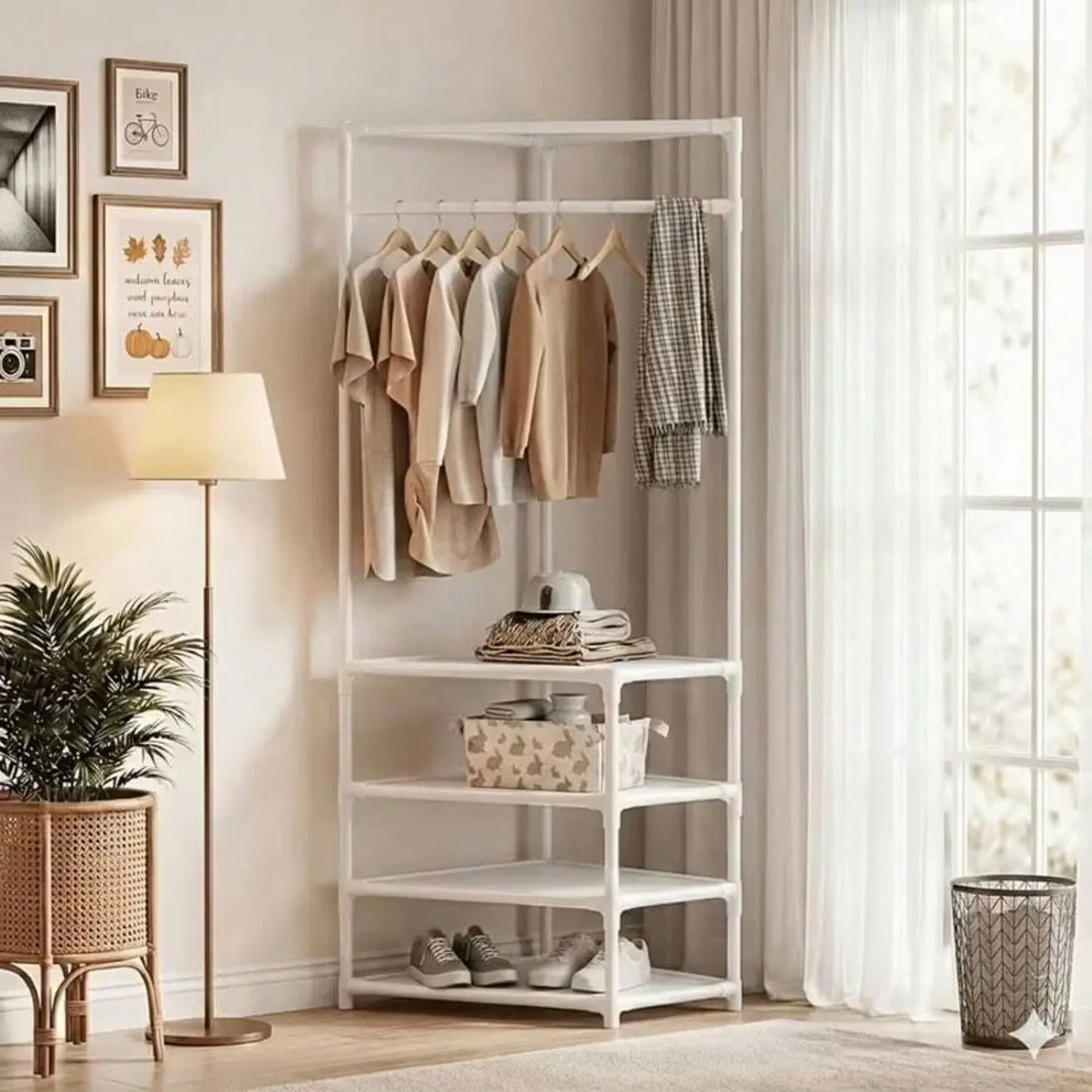 Corner Clothes Rack, 3-Tier Corner Shelf with 8 Hooks, Entryway Shoe and Hat Organizer, Multifunctional Hallway Storage for Bedroom Bathroom