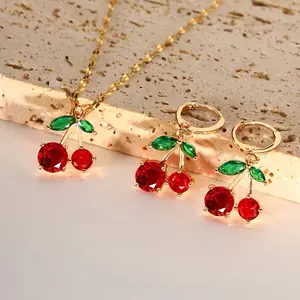 1 Set Cute Style Necklace & Earrings Set, Exquisite Red Cherry Design, Light Luxury Elegant FashionJewelry Accessories, Suitable for Gifts, Daily Wear, Gatherings, Parties, Festivals. Birthday Gift forDaughter, Girlfriend, Mom, Valentine's Day Gift