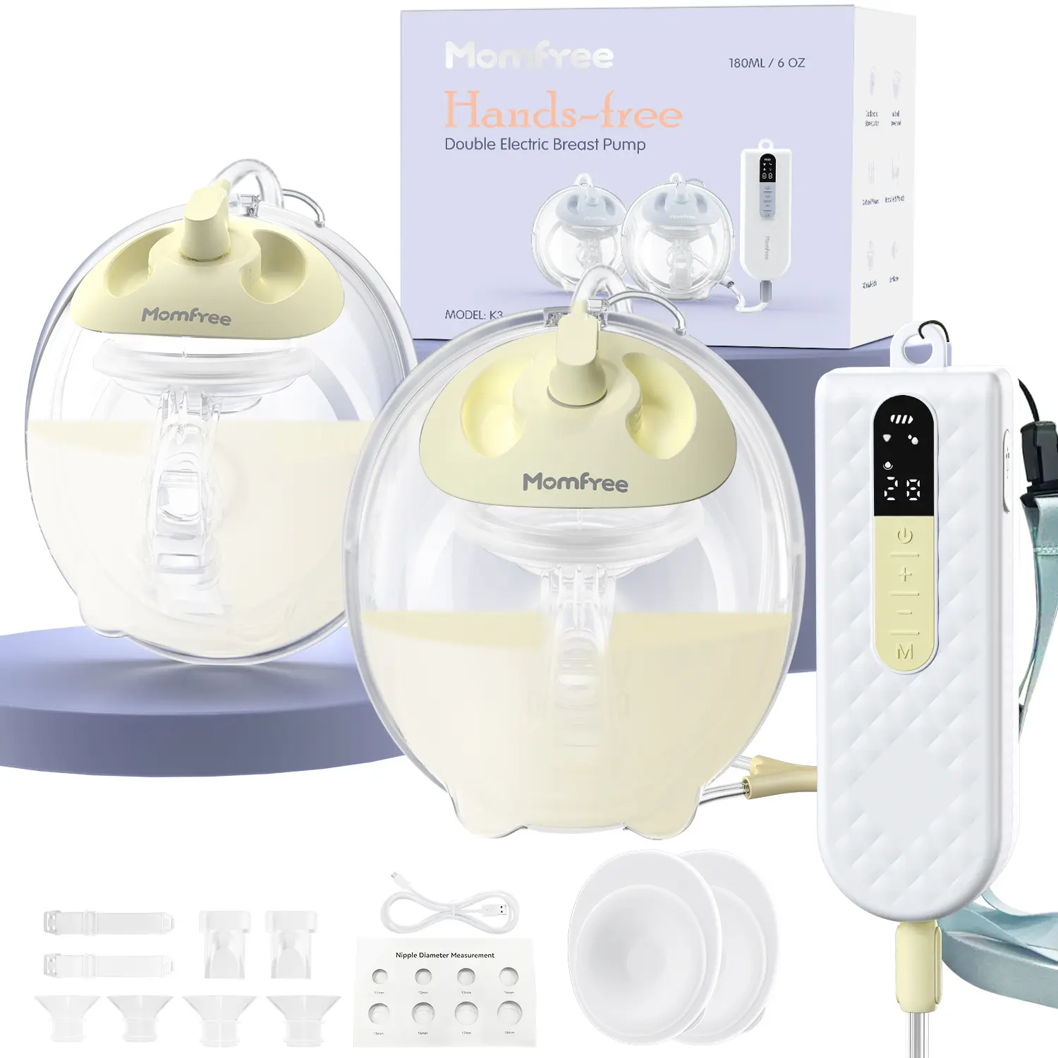 MOMFREE Wearable Nursing Pump K3 Updated, Hands Free Pumping Breast Pump with Soft Double Sealed Flange, 1800mAh Long Battery Life, LED Display, 3 Modes & 9 Levels, Compact 15-24mm Breastfeeding Accessories