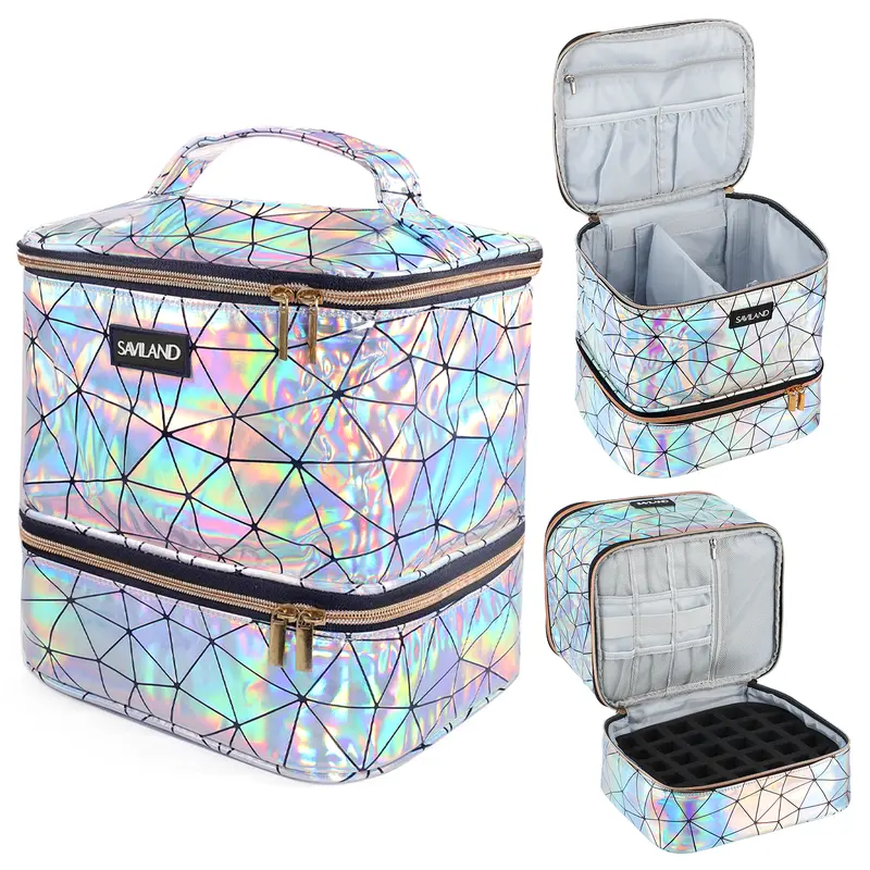 SAVILAND Nail Polish Organizer Bag: PU Leather Nail Storage Case Holds 30 Bottles & Nail Lamp, Holographic Nail Supply Organizer for Nail Polish Tools Nail Tech