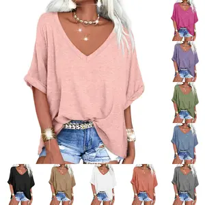 LAICIGO Women's Summer Fashion Oversized Solid Color T-Shirts Casual V Neck Short Sleeve Loose Basic Tee Tops