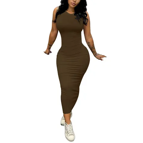 USBOUTIQUE CHIC Women's Stretchy Comfortable Sleeveless Round Neck Bodycon Midi Dress Casual Everyday Curvy-Friendly