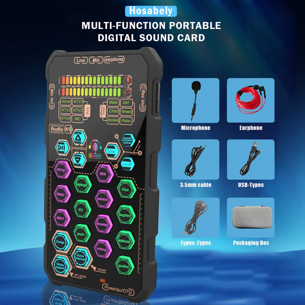 [DealsForYouDays]HOSABELY SK9 Wired Small Handheld Live Sound Card Set – Portable Audio Interface with Microphones  Interface- for PS5/PC/Android/Iphone Streaming,Gifts for Men Women