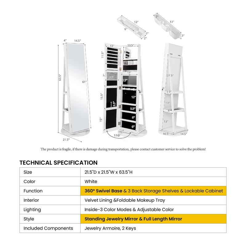 [Valentine’s Day Gift] COSTWAY 360° Swivel Jewelry Armoire with Full Length Mirror, Rear Storage Shelves, Lockable Standing Jewelry Cabinet Organizer with Interior Vanity Mirror and 3-Color Lights, Christmas Festival Gift Black Friday Cyber Monday