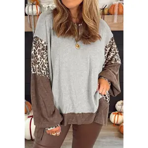 Gray Plus Size Leopard Patchwork Baggy Sweatshirt