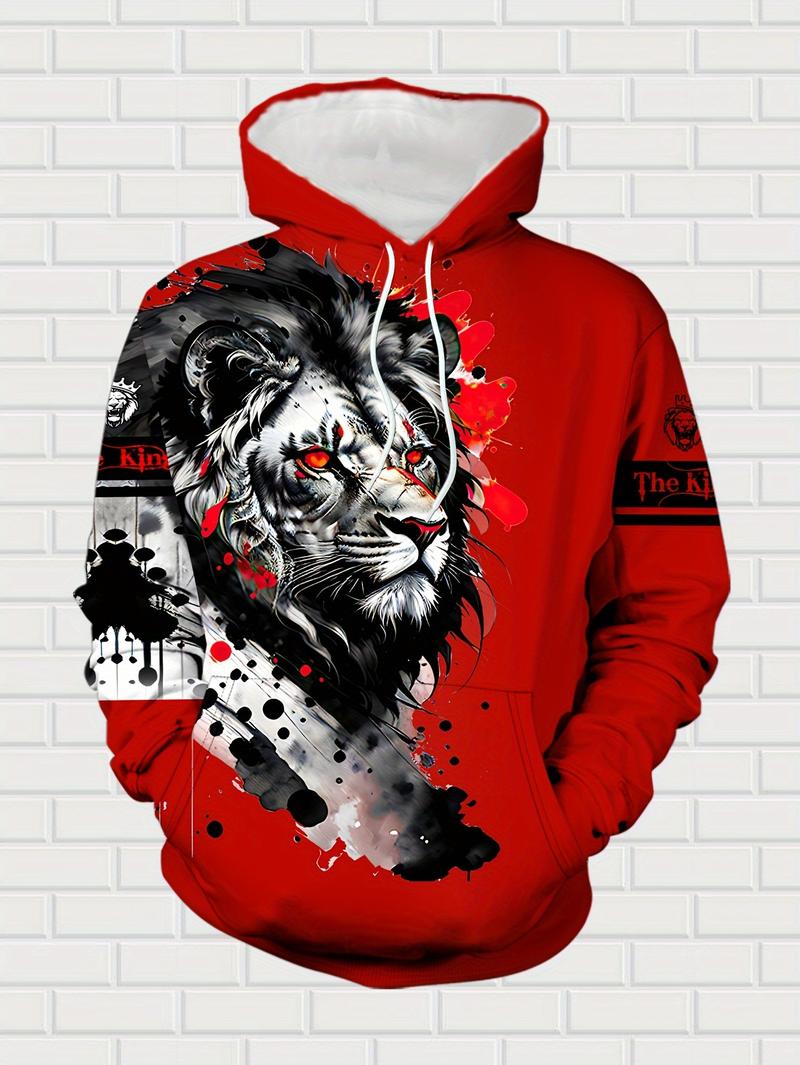 American Street Style Red Lion Print Hoodie Set Men's Casual Sports Two-Piece Suit