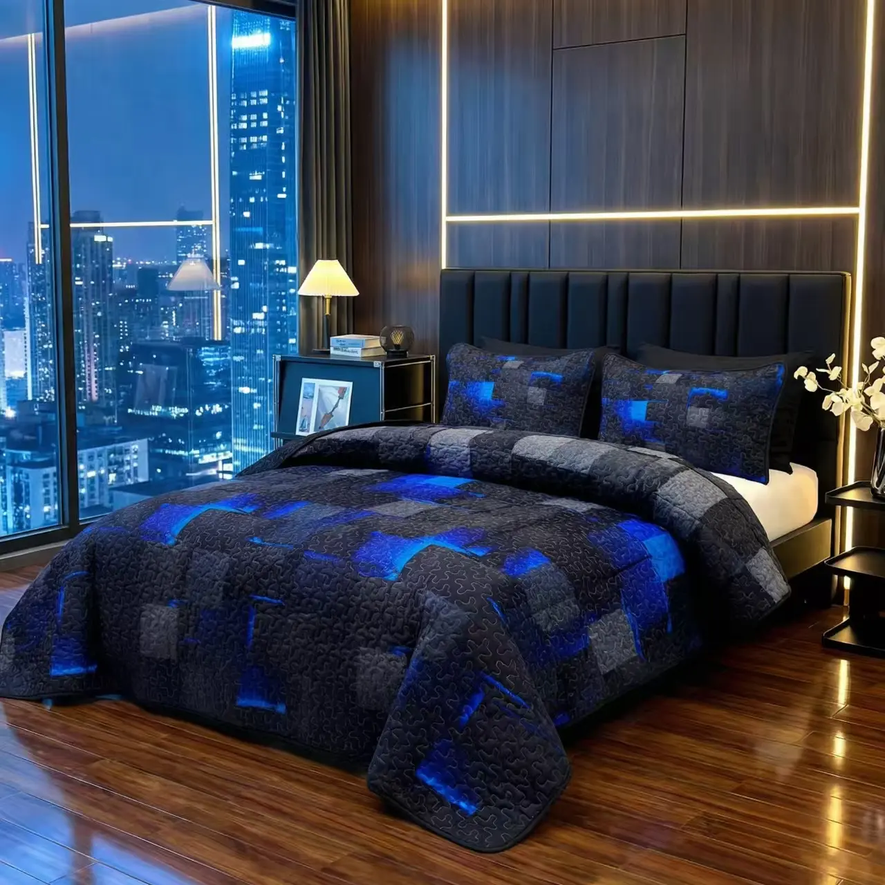 Cyber Style Quilt Bedspread Set– Futuristic Blue-Black Grid Design, All-Season Breathable Bedding, HD Digital Print, Low Allergenic, Perfect for Modern Bedroom & Dorm Decor, excellent gift