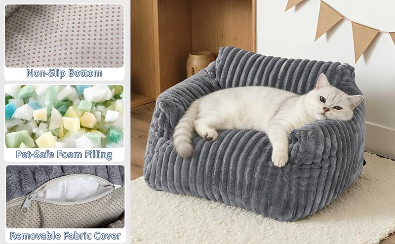 LIKIMIO Pet Couch Bed 24 & 30 Inch - Corduroy Fluffy Sofa for Cats & Small/Medium Dogs, Removable Washable Cover, Supportive Indoor Pet Furniture