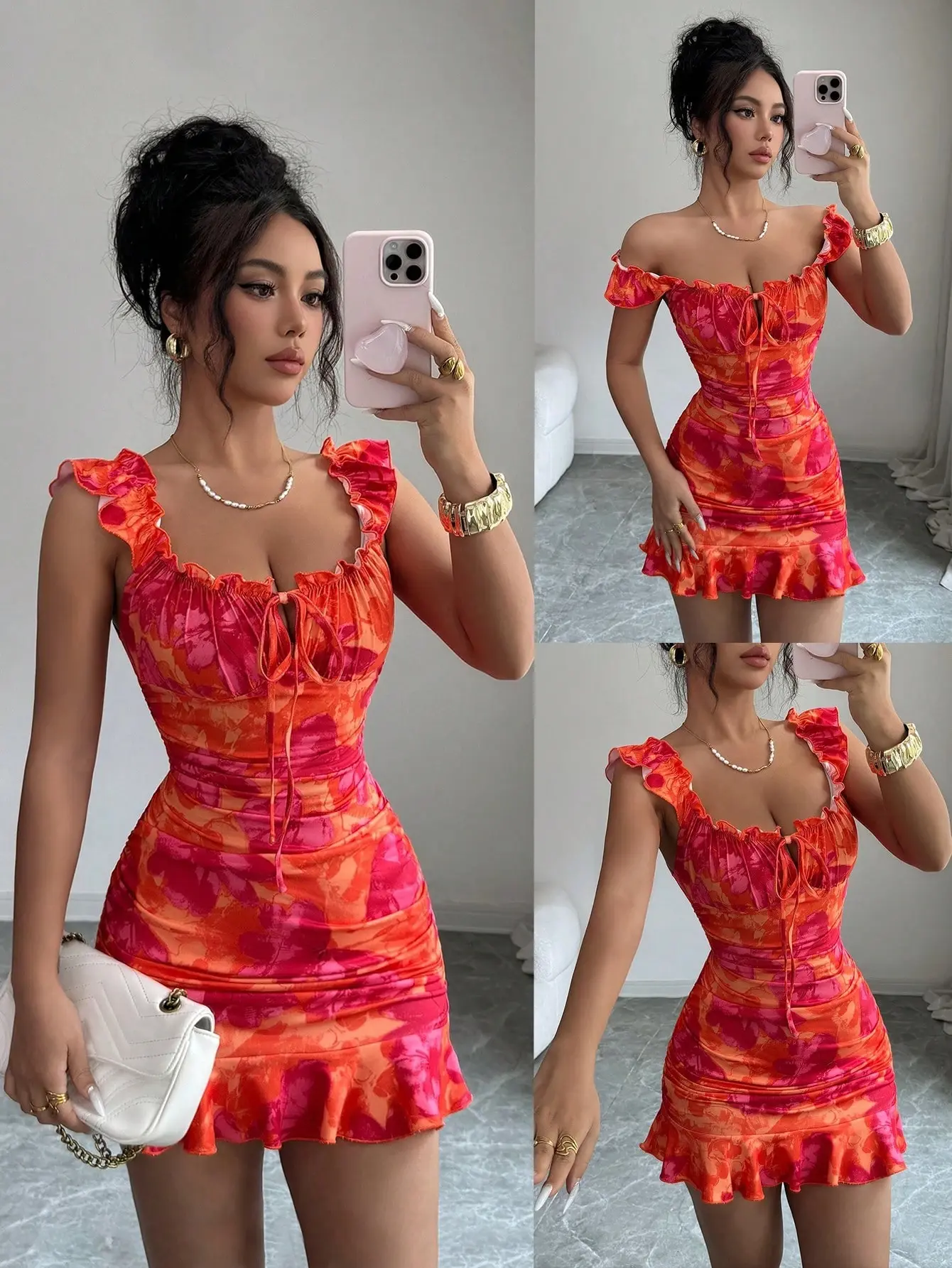 Summer Casual Floral Print Ruffle Hem Mini Dress