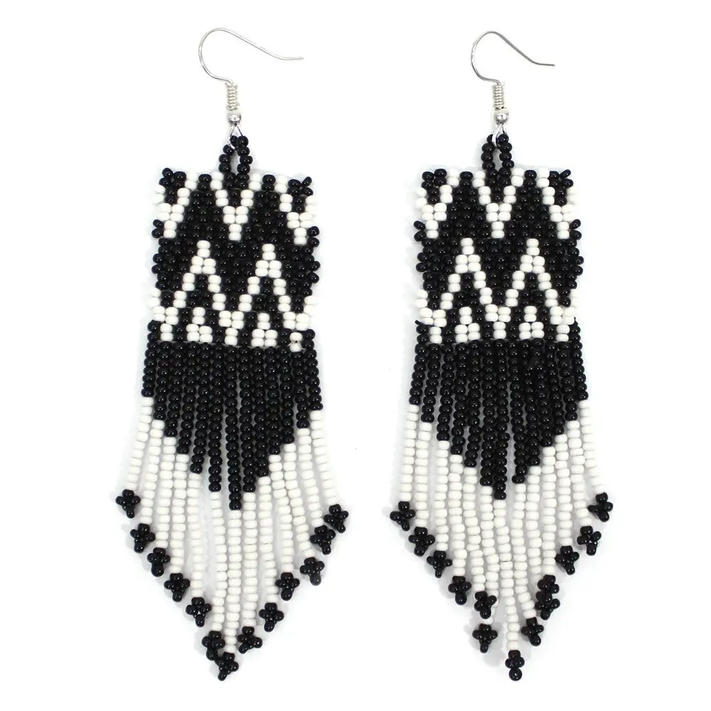 Handmade Black Seed Bead Native-Style Earrings, Fashion Costume Jewelry