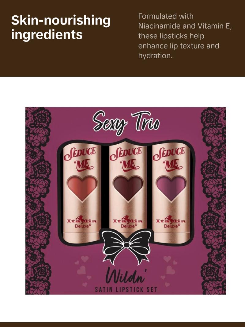 Italia Deluxe Sexy Trio Satin Lipstick Set - Silky Soft Moisturizing Lipsticks in Assorted Colors - Affordable Makeup Cosmetic Italia Deluxe Sexy Trio Satin Lipstick Set - Silky Soft Moisturizing Lipsticks in Assorted Colors - Affordable Makeup Cosmetic