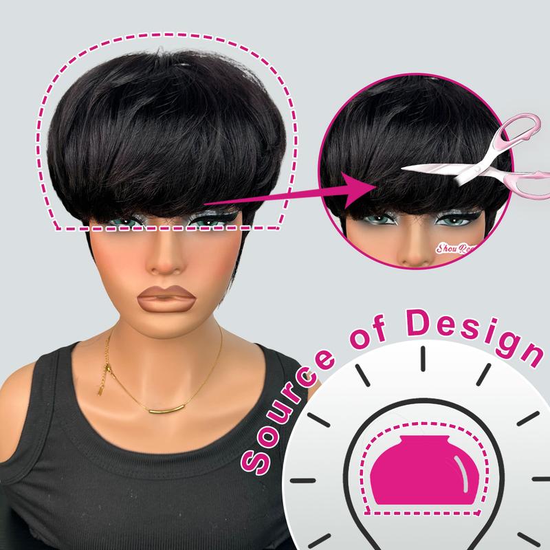 ShowRealHair Bowl Cut Wig for Women - 6 Inch Short, Wavy & Fluffy Layered Pixie Cut Style with Fringe, Perfect for Daily Wear and Fashion