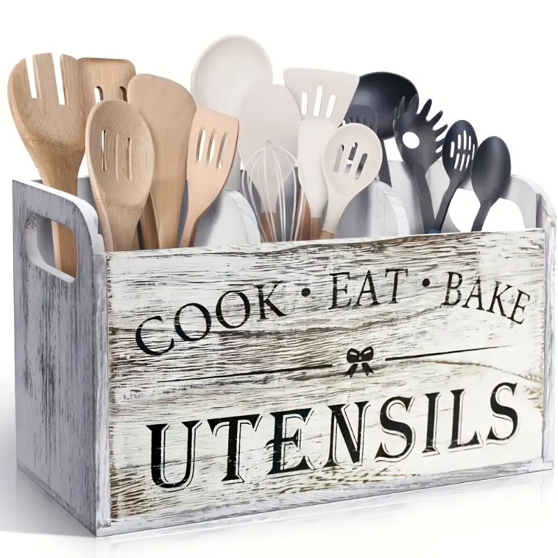 3-Tier White Durable Wood Farmhouse Kitchen Utensil Organizer - Wall Mounted & Countertop Storage for Cooking Tools, Spatulas, Baking Supplies - Rustic, Space-Saving 3-Layer Kitchenware Rack, No Battery, No Magnets