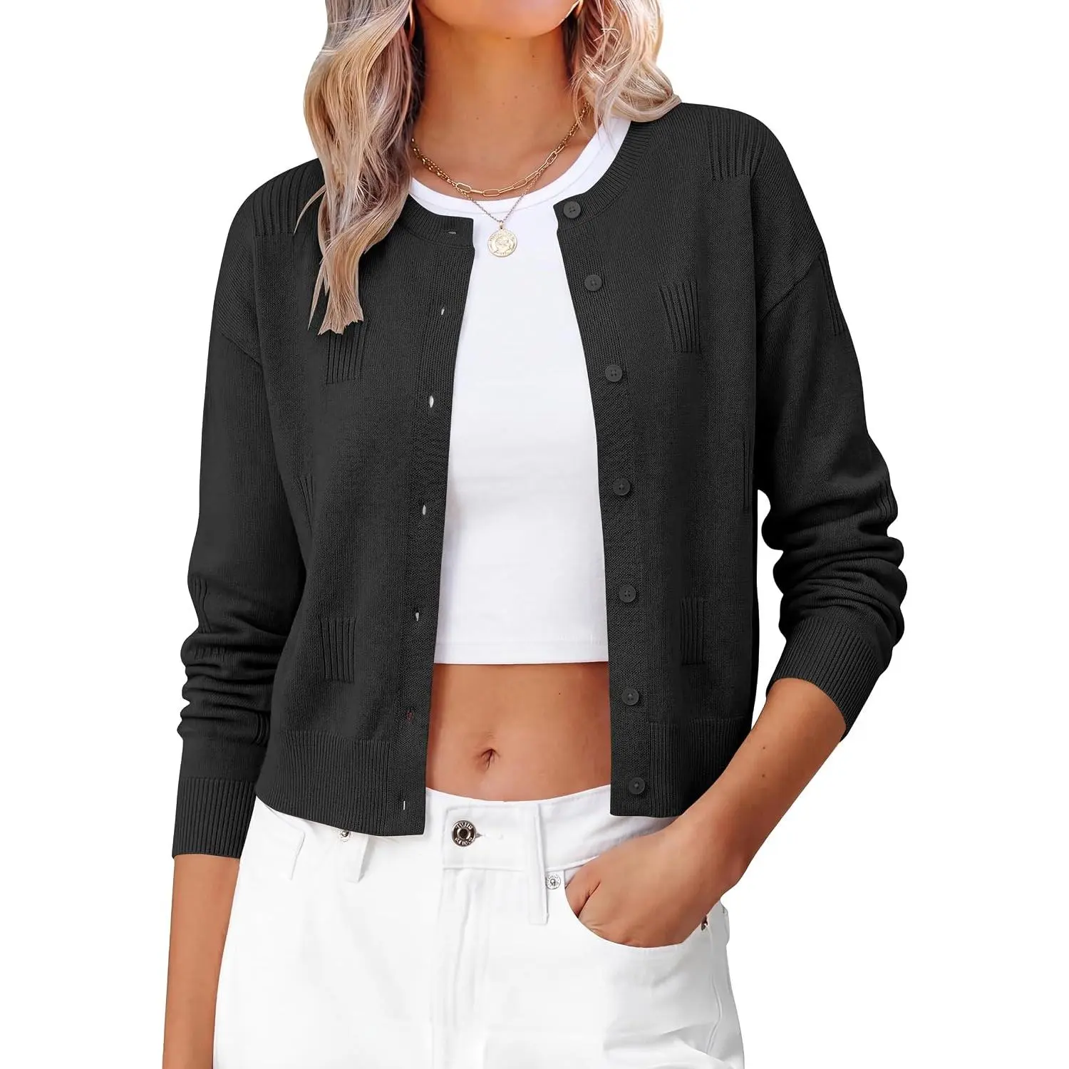 ANRABESS Women's Cropped Cardigan Sweater for Business Casual | 2026 Fall Fashion, Summer Soft Lightweight Knit, Long Sleeve Crew Neck Button Down, Work Office Travel Outfits Check Dress