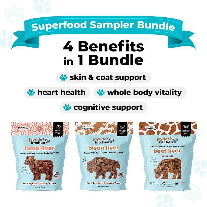 Joyride Harness Freeze-Dried Liver Dog Treats 3-Pack - US Sourced & Made, Bison, Lamb, Beef Liver, Single Ingredient, Human Grade, Natural, Grain-Free, Vet Recommended, All Breeds & Sizes, Clean Choice, Nutrient Boost, Healthy Coat Support