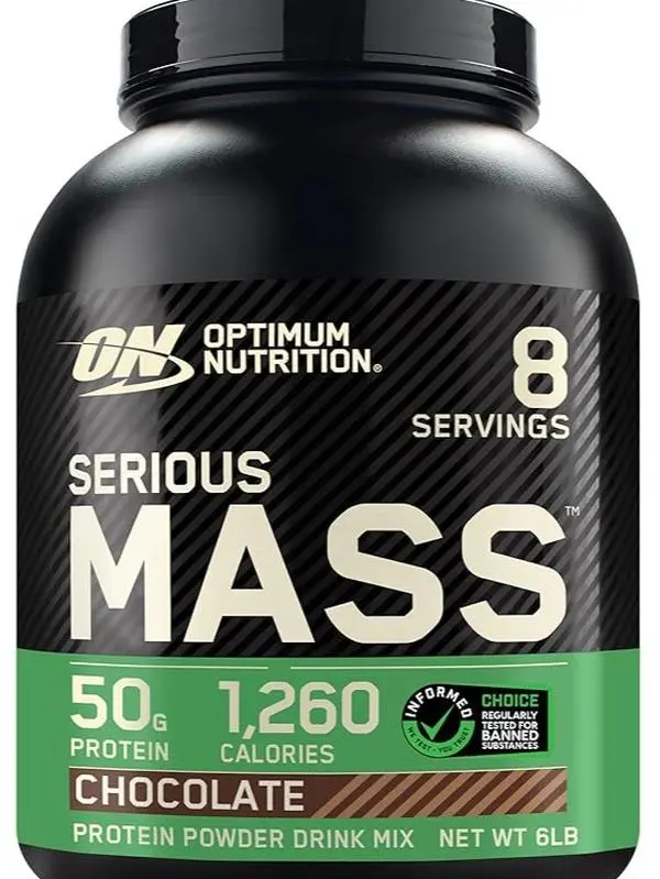 Optimum Nutrition Serious Protein Powder - 6LB Chocolate Mass Gainer, 50g Content, 1260 Calories, Youth-Focused, with Creatine, Vitamins + Minerals, Minerals, for Muscle Growth & Mass Gain Support, Betweenmeal Boost