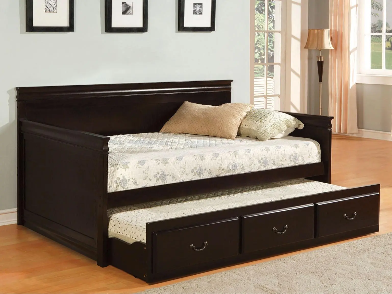 Sahara Traditional Twin Espresso Wood Daybed with Pull-Out Trundle Bed, Apartment Furniture with Storage, by Furniture of America