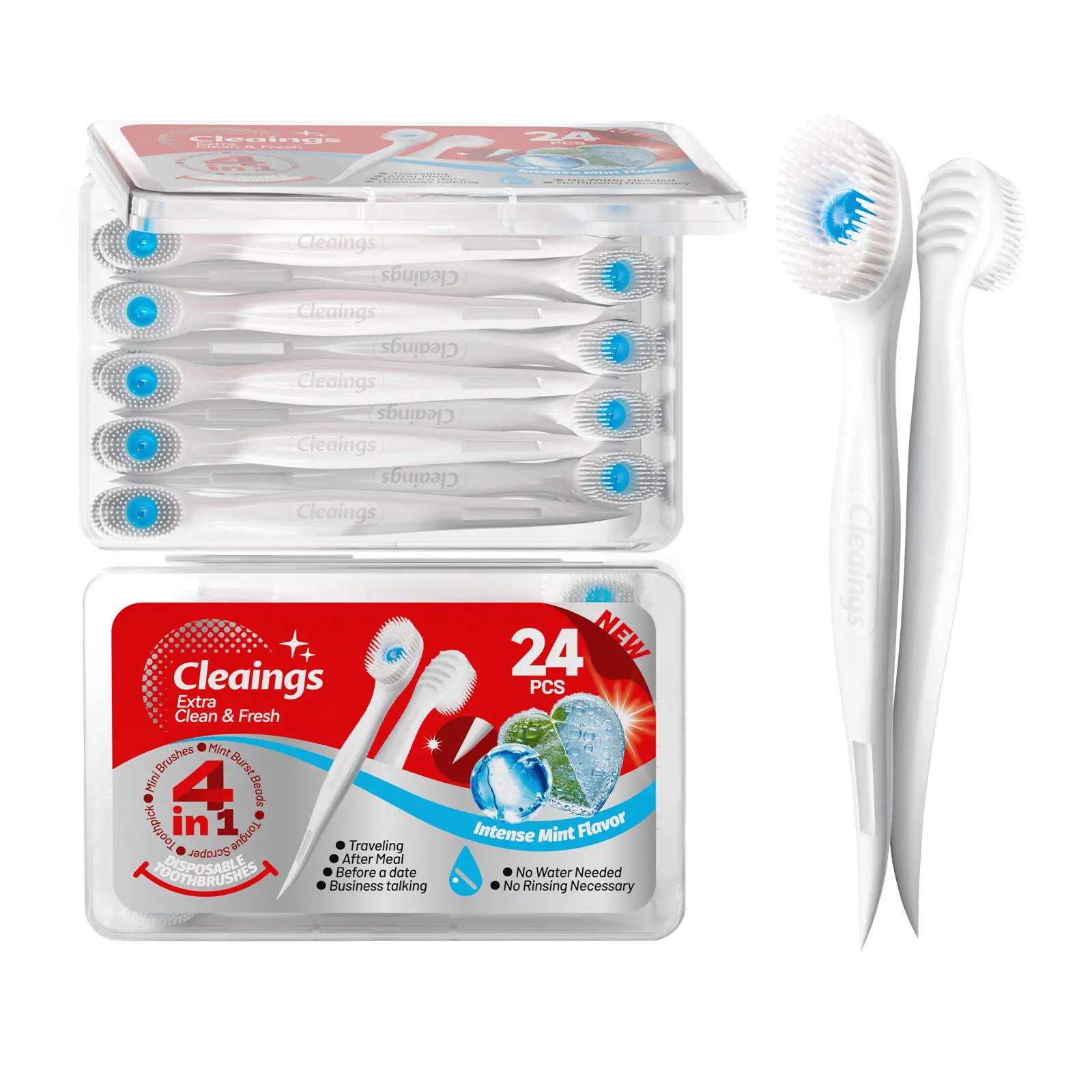 4-in-1 Portable Travel Toothbrush Kit, Mint Burst Bead Disposable Soft Toothbrush with Tongue Scraper & Toothpick, 24-Count Oral Care Set for Trips & Business