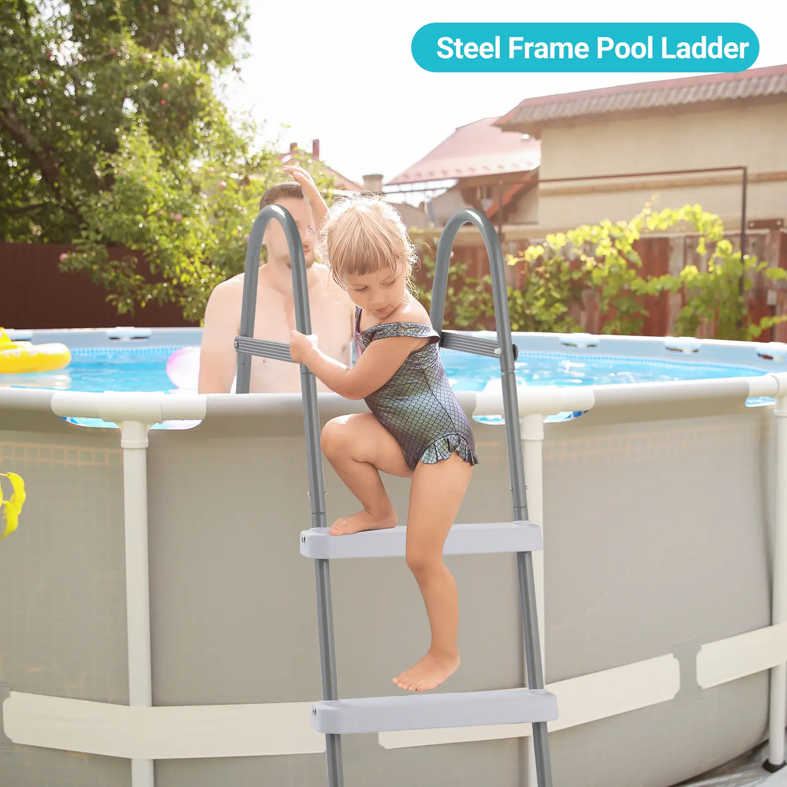 4-Step Double-Sided Pool Ladder - Swimming Pools Accessory, 300lbs Capacity, Sturdy PP Plastic & Iron Construction, for Above-Ground & In-Ground Use, 1*Accessory Screws, 1*Instruction Manual, 1*Pool Ladder Disassembly & Assembly Guide, Assembly Required