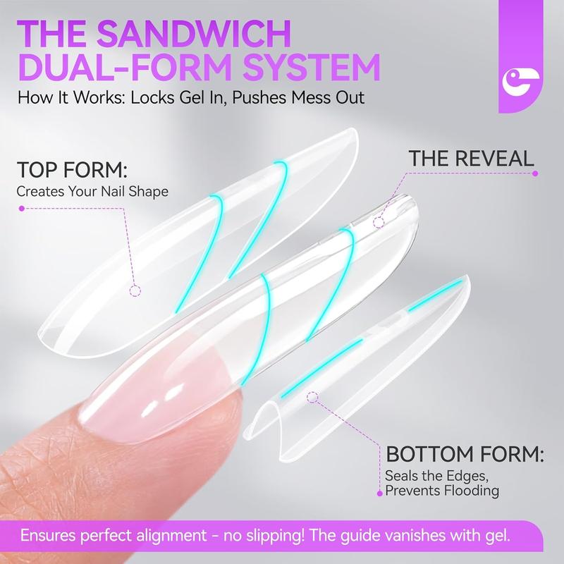 Salon-Perfect Sandwich Nail Forms at Home: Gelike EC Sandwich Dual Forms for Builder Gel - 2026 Nail Extension Mold No Gel Stacking - 240Pcs 15 Sizes for DIY Extensions Art - Almond Round