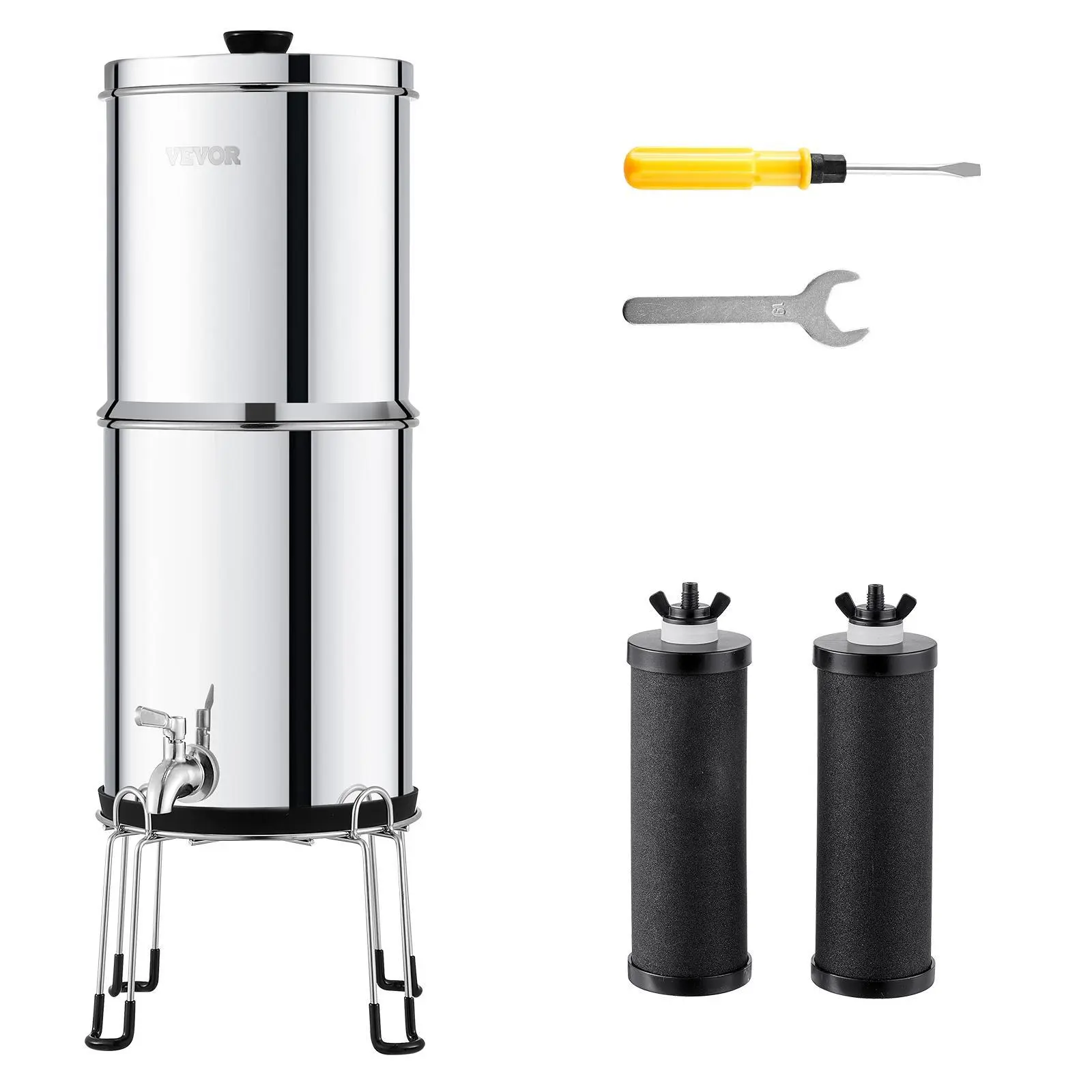 【Summerfinds】VEVOR Gravity-fed Water Filter System 2.25G 304 Stainless-Steel Countertop Water Filtration SystemReduces Lead and up to 99% of Chlorinewith 2 Carbon Filters/Spigot/Standfor Home Camping RV, Water Purifier, Countertop Water Filters