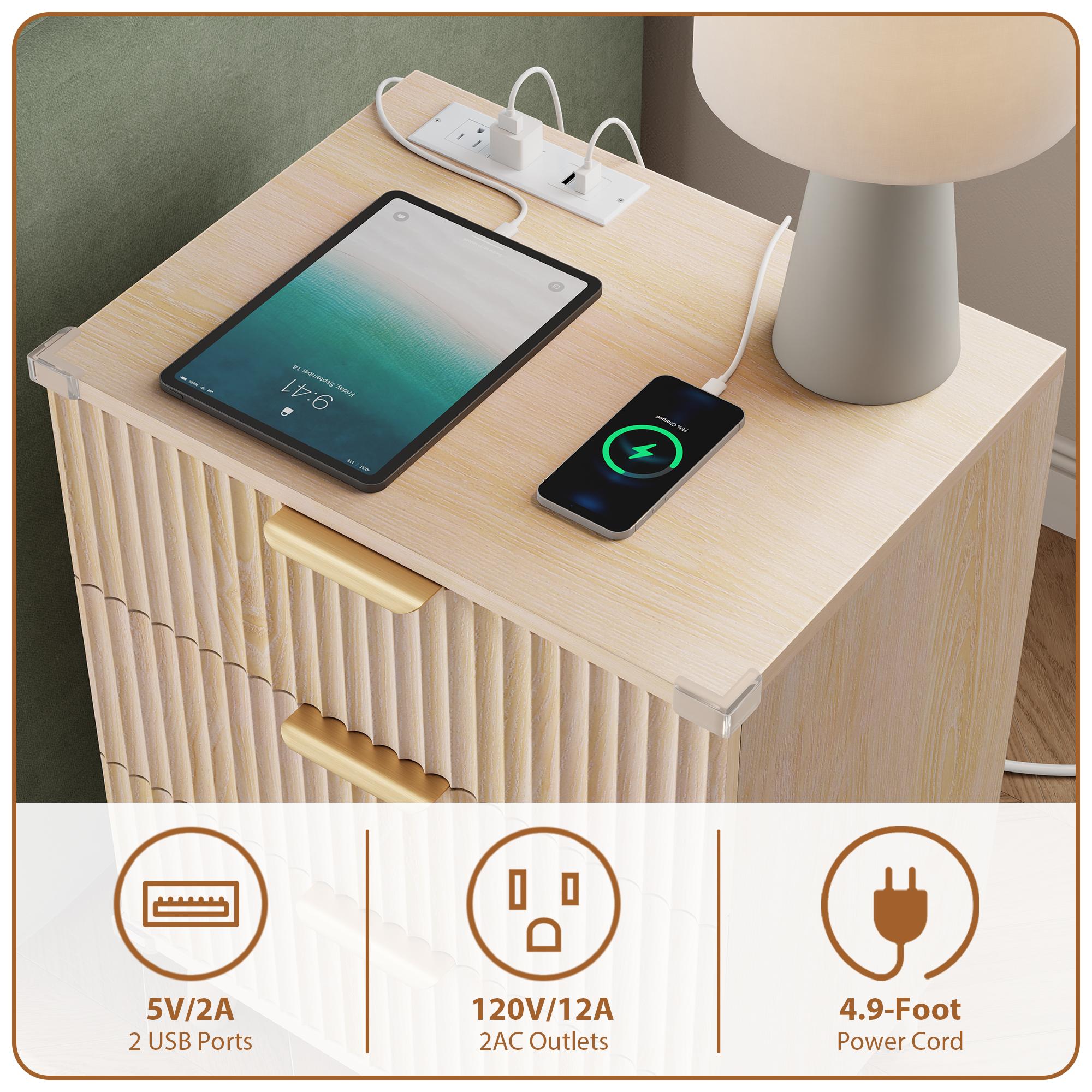 Aowos Fluted Nightstands for Bedroom, Modern Bedside Table with 3 Drawers & Charging Station, Fluted Panel End Tables for Bedroom & Living Room, Bedside Cabinet with USB Ports, Nightstand with Storage, Apartment Nightstand, Kids Bedside Table,