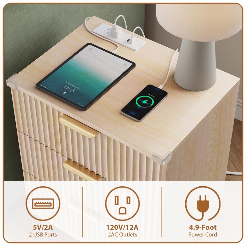 Aowos Fluted Nightstands for Bedroom, Modern Bedside Table with 3 Drawers & Charging Station, Fluted Panel End Tables for Bedroom & Living Room, Bedside Cabinet with USB Ports, Nightstand with Storage, Apartment Nightstand, Kids Bedside Table,