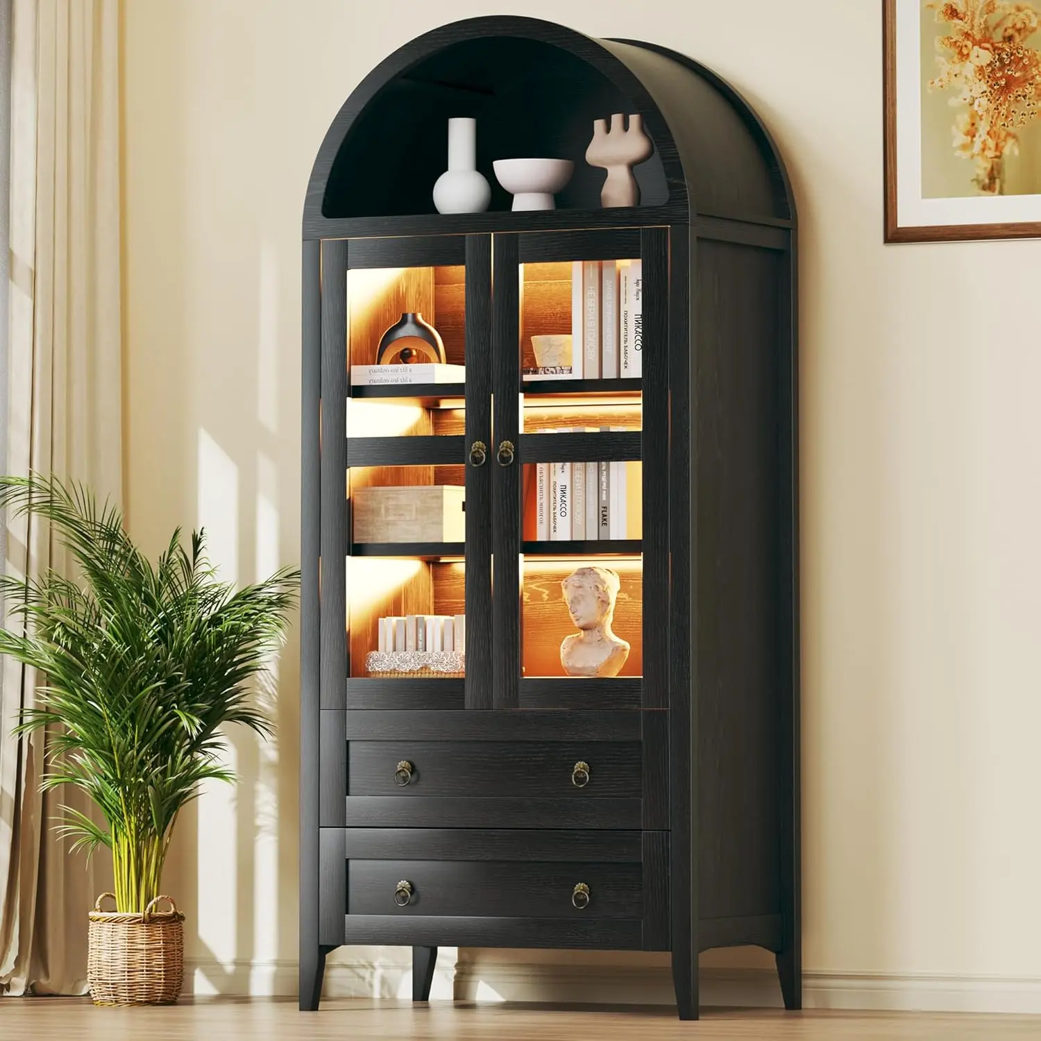 71" Tall Arched Freestanding Modern Design Glass Front Indoor Large Glass Cabinet, Kitchen Pantry with 2 Large Drawers, Adjustable Shelves for Living Room, Dining Room, Black, Freestanding Cabinets, Glass Front Cabinets