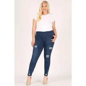 Women Plus Size Mid-rise Blue Denim Jeggings Pants with Elastic Waistband & Functional Pockets for Comfort and Style - Fit, Jean