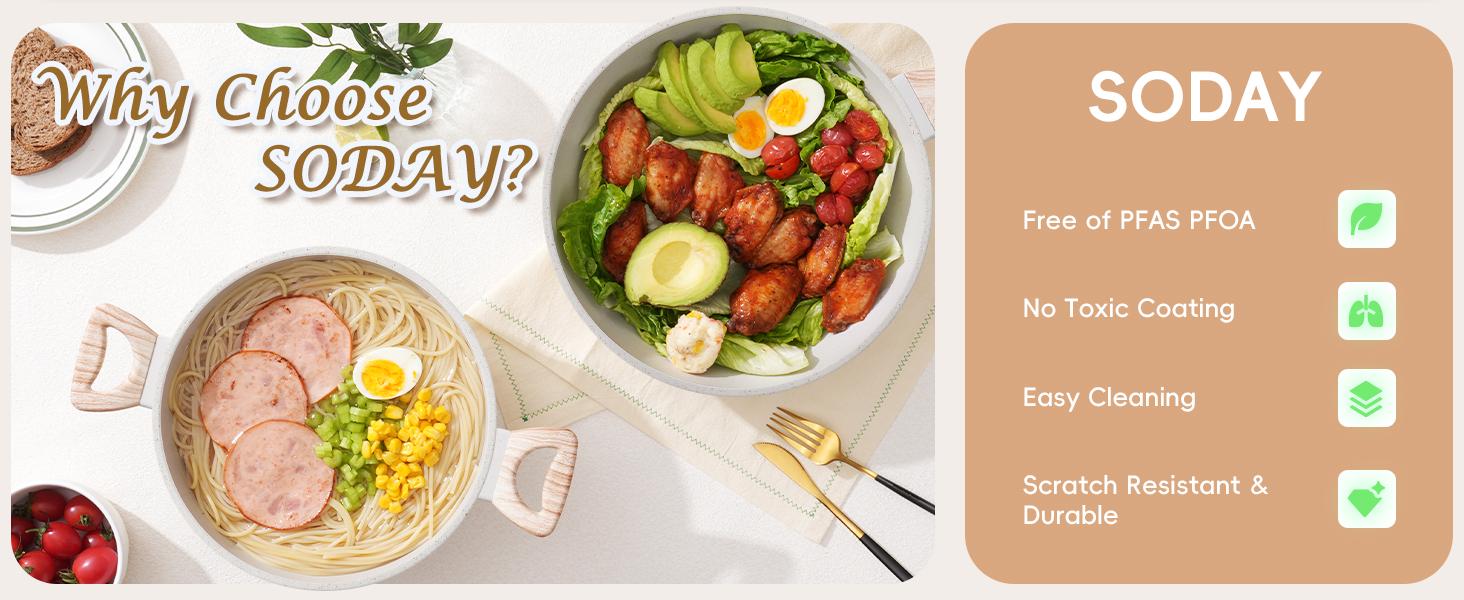 SODAY Pots and Pans Set Non Stick, 12Pcs Kitchen Cookware Sets Non-toxic Healthy Nonstick Kitchen Cooking Set with Frying Pans, Saucepans,Glass lid,Kitchenware,stock up on specials,Valentines Day gifts  Aluminium Durable Bakelite Handle