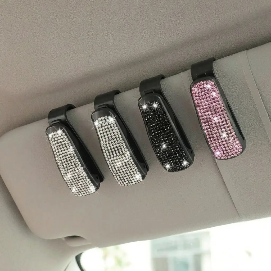 4Pcs Rhinestone Car Sunglasses Holder Clip Multifunctional Sun Visor Glasses Storage Organizer Creative Auto Interior Decor Accessory