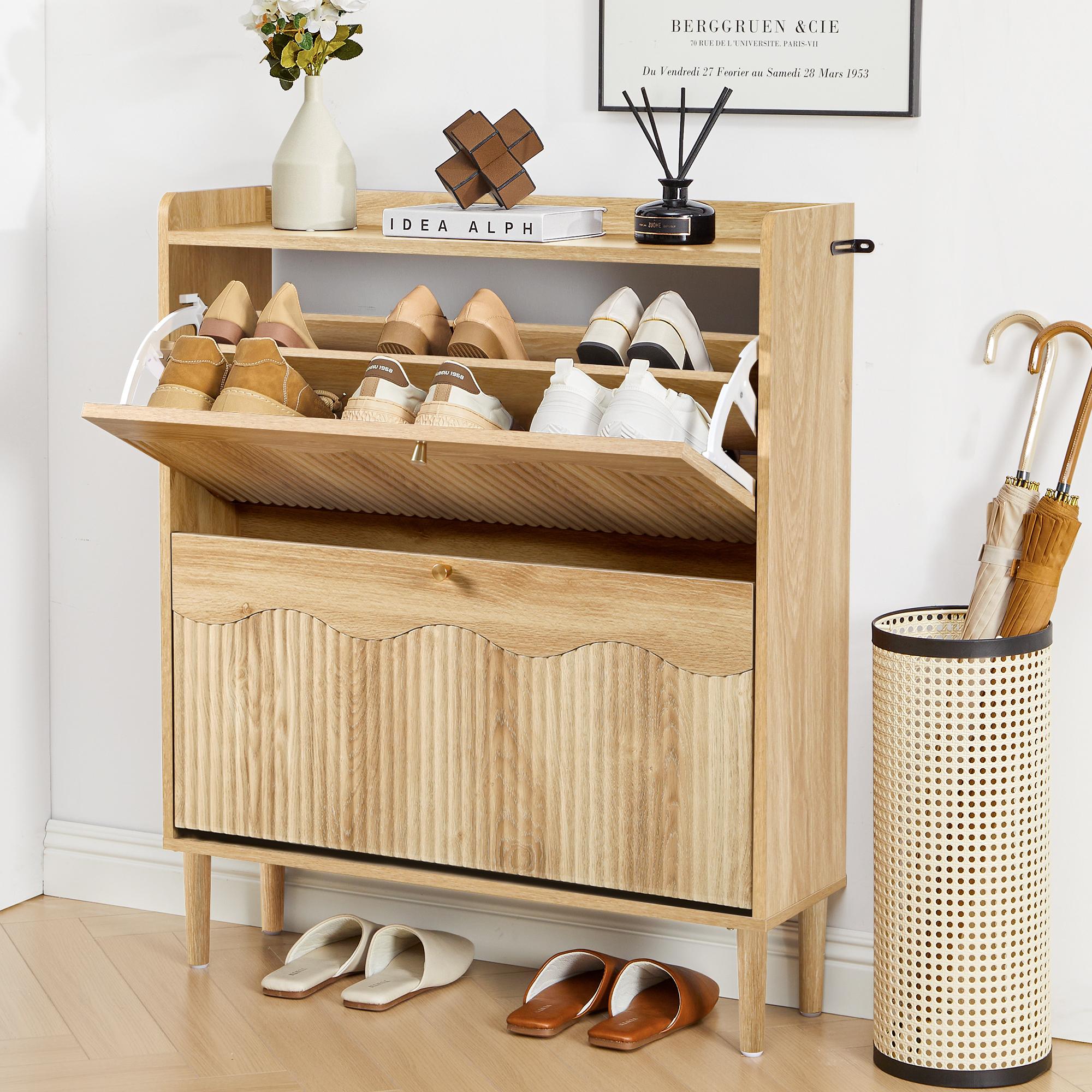 Giratree Wooden Fluted Shoe Cabinet with 2/3/4 Flip Drawers, Stylish Narrow Shoe Storage Organizer with Wave Design, Freestanding Entryway Shoe Rack for Hallway, Living Room Giratree Wooden Fluted Shoe Cabinet with 2/3/4 Flip Drawers, Stylish Narrow Shoe Storage Organizer with Wave Design, Freestanding Entryway Shoe Rack for Hallway, Living Room