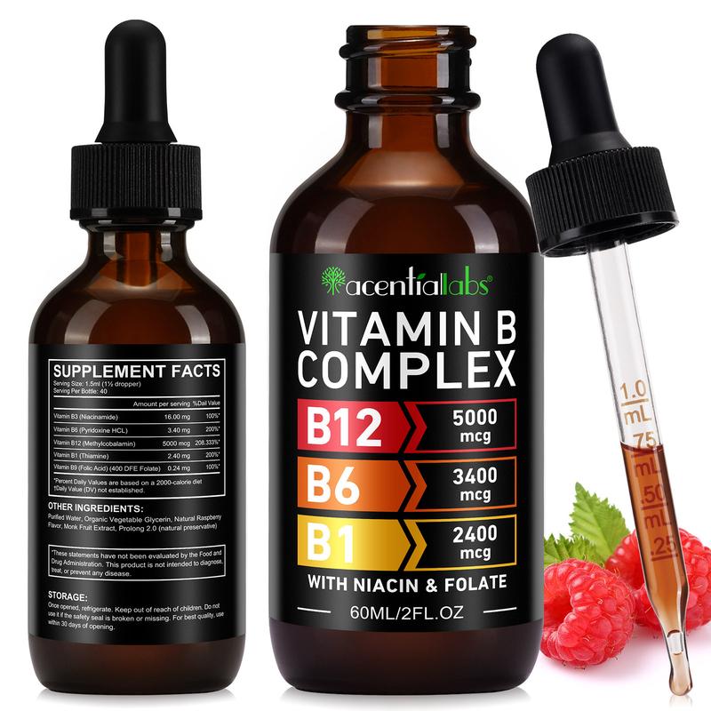 acentiallabs Vitamin B12 Liquid Drops, B12 Sublingual 5000 mcg, Vitamin B Complex with Vitamin B6,B Complex Liquid Drops - 60ml Supplement Dietary Nutrition Healthcare Edible Fitness Optimum