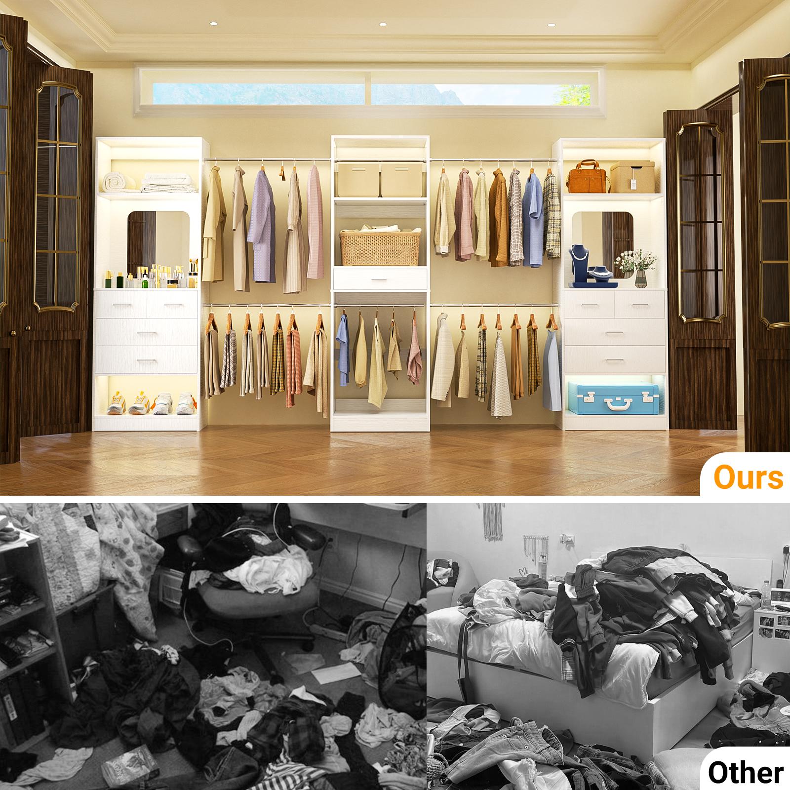 8FT Closet System, 96 Inch Walk-in Closets Organizer Kit with 4 Extendable Hanging Rods and Drawer, Protable Wardrobe Closet Storage Organizer with Adjustable Wood Garment Rack, Sturdy Closet Insert, White