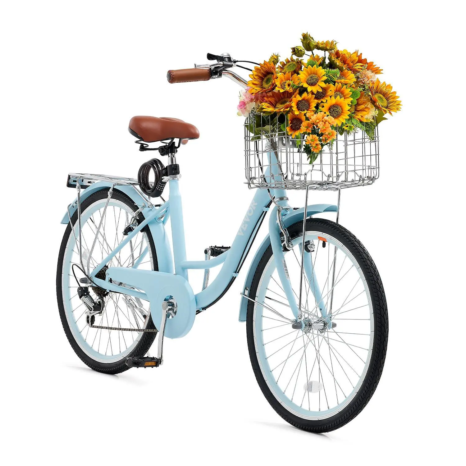 【Summerfinds】VEVOR 24-Inch 7-Speed Carbon Steel Frame Adult Cruiser Bike, Light Blue, Adjustable Seat, Cargo Rack, Smooth Shifting, Combination Lock, Multi-Size Option, for Sightseeing Leisure Cycling, Convenient Cargo Capacity, Rear Rack, Unisex, City Ri