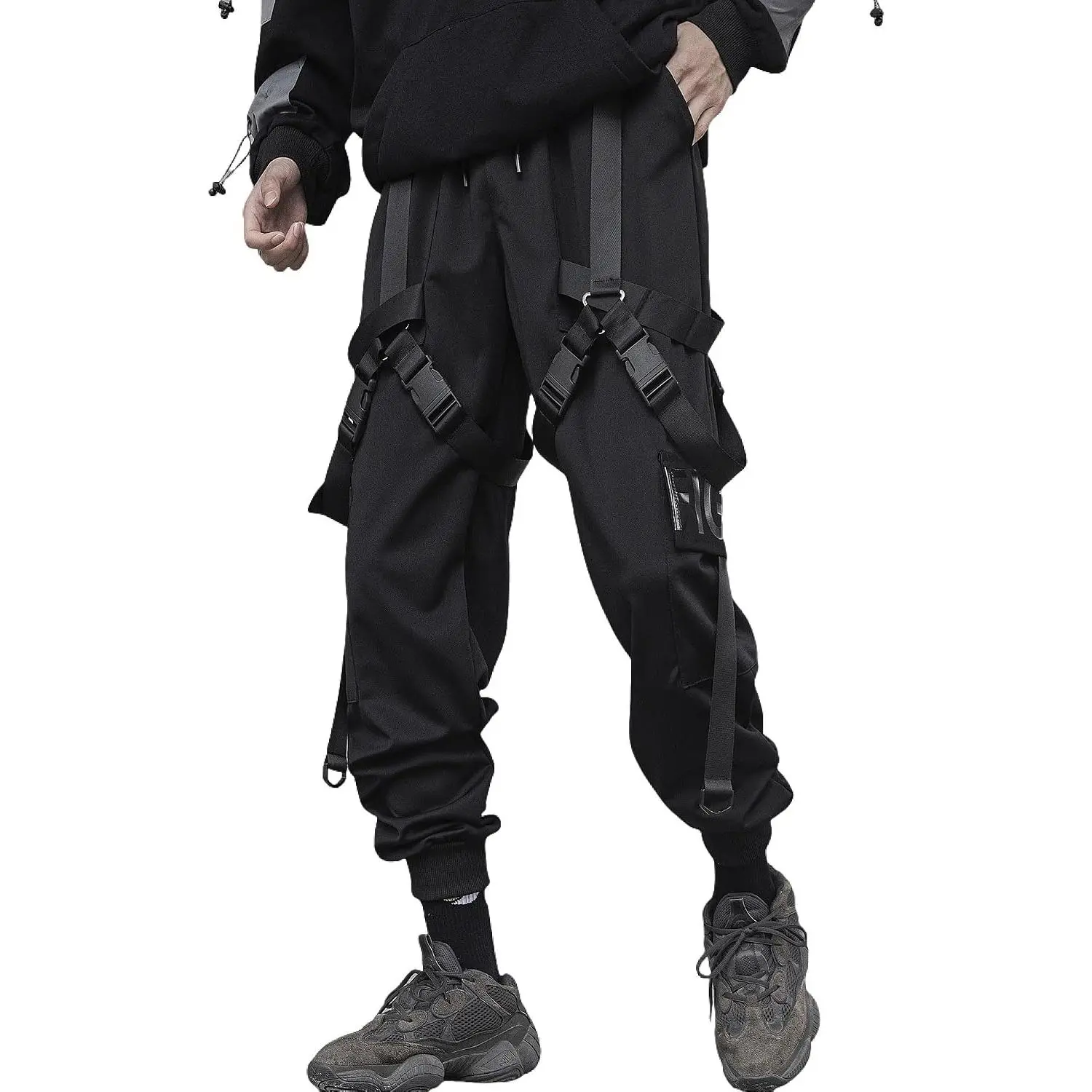 XYXIONGMAO Men's Black Techwear Cargo Jogger Pants Gothic Streetwear Hip Hop Trousers with Utility Harness Straps Buckle Details Multi Pocket Design Drawstring Waist Tapered Legs Urban Cyberpunk Tactical Inspired Fashion Pants for Men Street Style