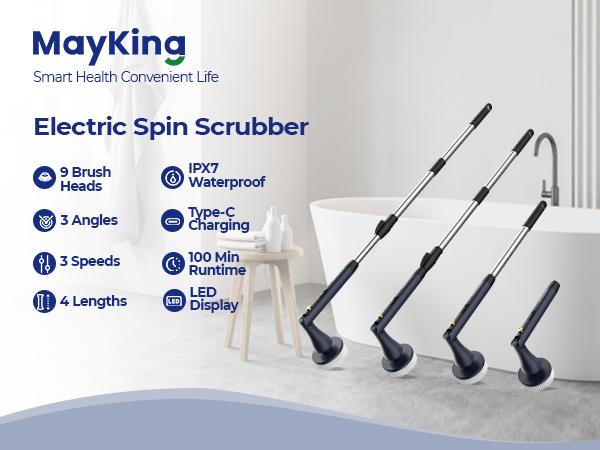 MayKing Electric Spin Scrubber with 9 Brush Heads, 3-Angle & 4-Length Adjustable Cordless Power Scrubber, 3-Speed & Battery LED Display, Electric Scrubber for Cleaning Bathroom Bathtub Floor Tiles