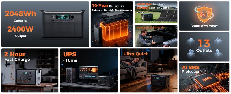 CTOLITY AP2000 Emergency Power Outage Supply Portable Power Station 2048Wh LiFePO4 Battery Solar Power Generators 1000W Fast Charge for Outdoor Camping RV Home Backup Power Supply 13 Output Ports