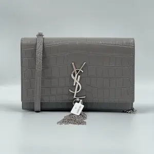 Pre-owned Yves Saint Laurent Leather Shoulder Bags Calfskin Crocodile Embossed Kate Monogram Tassel Chain Wallet Fog