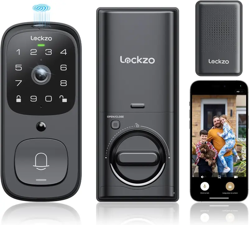 Lockzo 3-in-1 Video Smart Door Lock with Doorbell Fingerprint Keypad App WiFi Camera 2K HD 180° Wide Angle Dual Motion Sensors 10000mAh Battery IP65 Weather Resistant