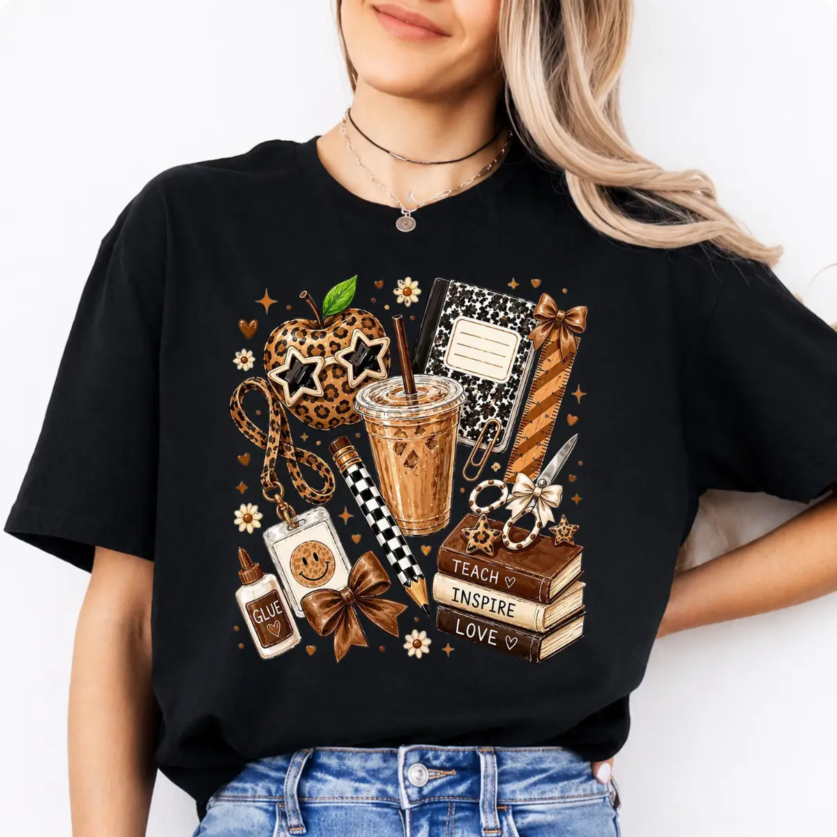 Leopard Teacher Shirt, Cute Teach Inspire Love Graphic Tee, Coffee  Notebook School Supplies Shirt, Back to School Teacher Gift, Trendy Teacher Tee Cotton Fabric
