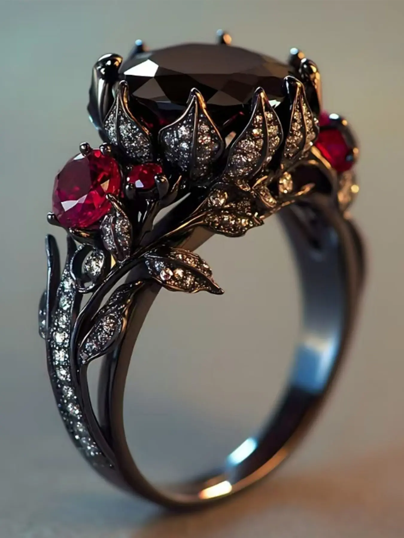 Women's Gothic Floral Artificial Zircon Ring, Dark Aesthetic Jewelry, Wedding Engagement Party Gift, Ladies Accessory for All Seasons