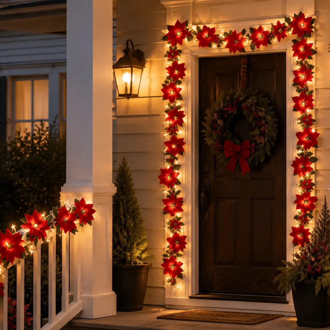 Christmas Poinsettia LED String Lights, 9.84 ft 20 LED Red Berry Holly Flower Garland, 3 AA Battery Operated with Steady & Flashing Modes for Tree, Mantel and Holiday Decor