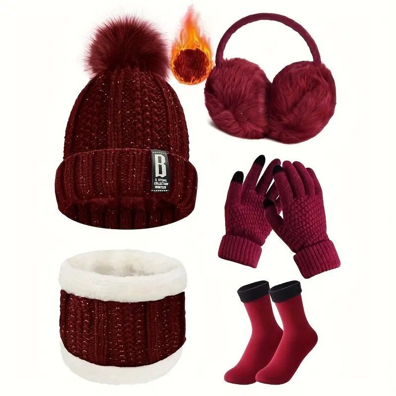 Winter Accessories Set for Adults, 5-Piece Unisex Solid Color Ribbed Knit Beanie, Plush Ear Muffs, Thermal Socks & Touchscreen Gloves, All Seasons, Thermal Warmth
