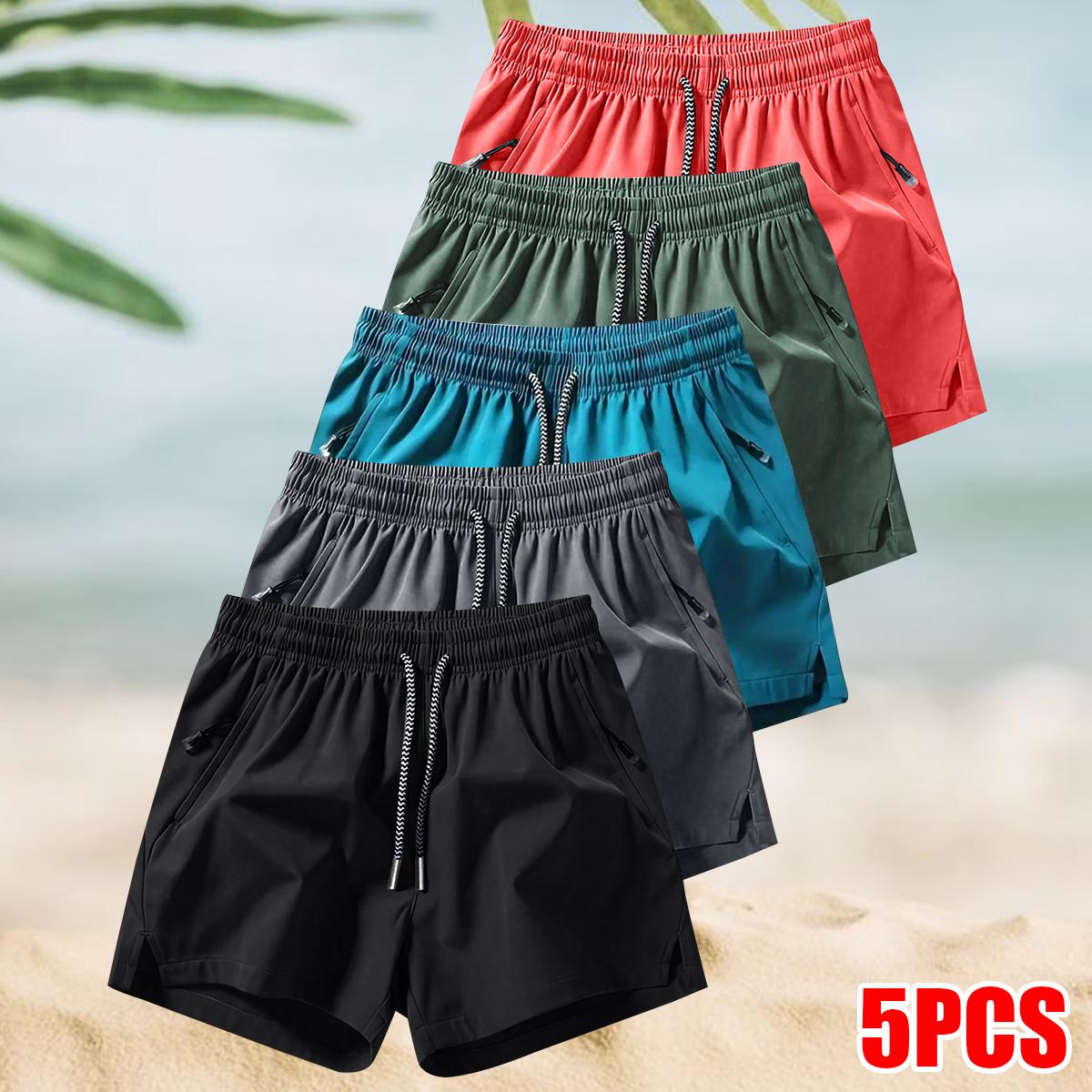 Men's 5-Pack Solid Color Quick-Dry Shorts, Casual Slightly Stretchy Elastic Waist Drawstring Shorts, Suitable for Summer Gym Workouts, Running, and Outdoor Activities, Comfortable and Adjustable SpringStatements
