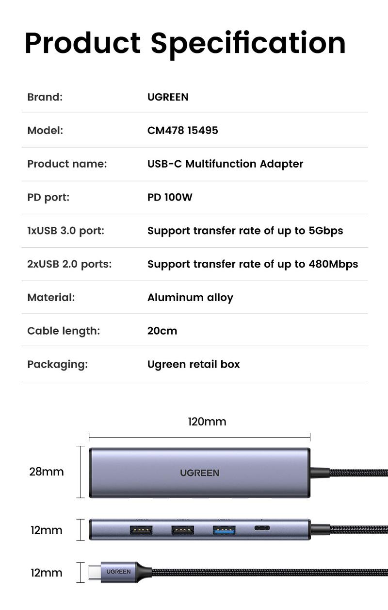 UGREEN USB C Hub 5 in 1 Multiport Adapter Revodok 105 4K HDMI, 100W Power Delivery, 3 USB-A Data Ports, USB C Dongle for MacBook Pro/Air, iPad Pro, iMac, iPhone 16 Pro/Pro Max, XPS, Thinkpad